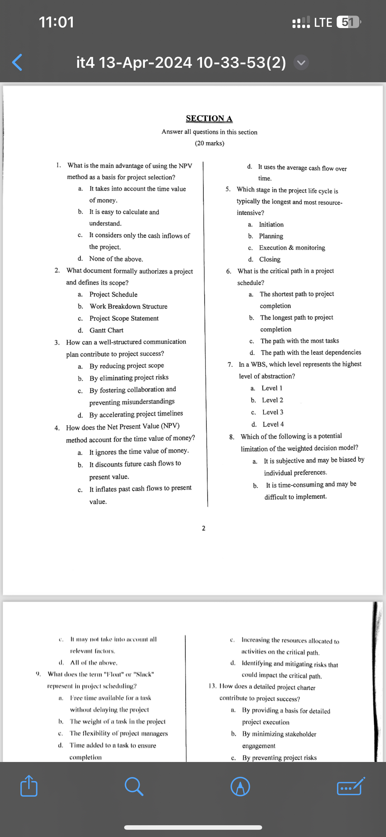  11:01 LTE 51 it413-Apr-202410-33-53(2) SECTION A Answer all questions in this