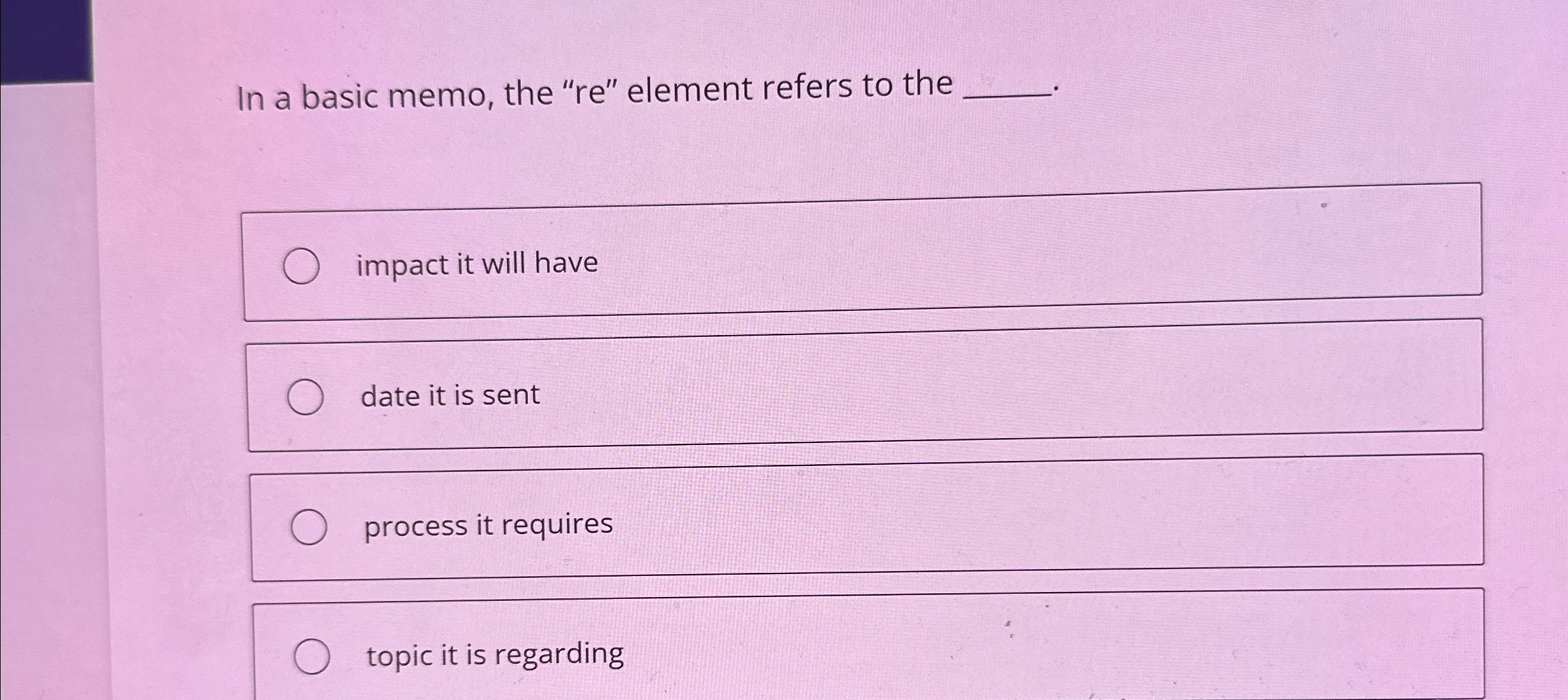  In a basic memo, the "re" element refers to the impact