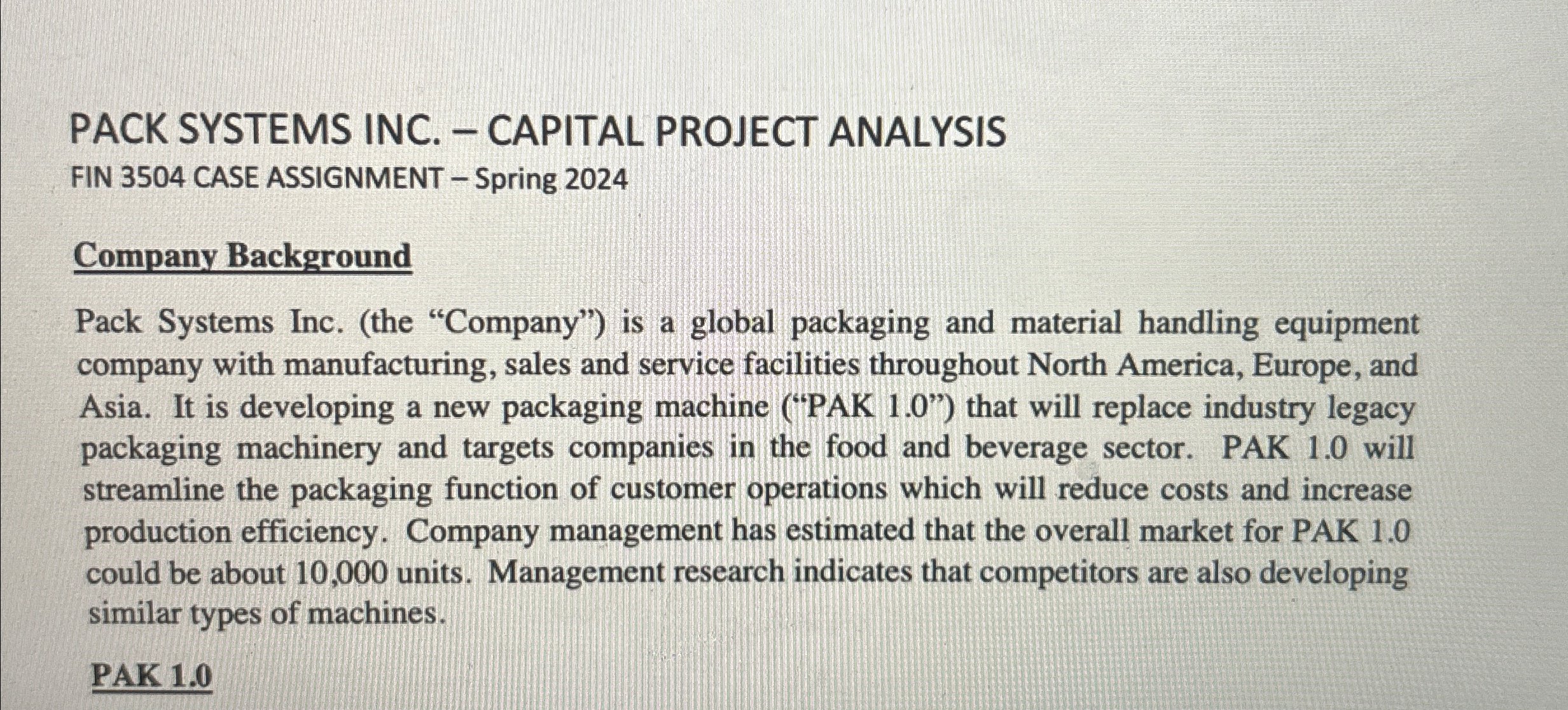  PACK SYSTEMS INC. - CAPITAL PROJECT ANALYSIS FIN 3504 CASE ASSIGNMENT