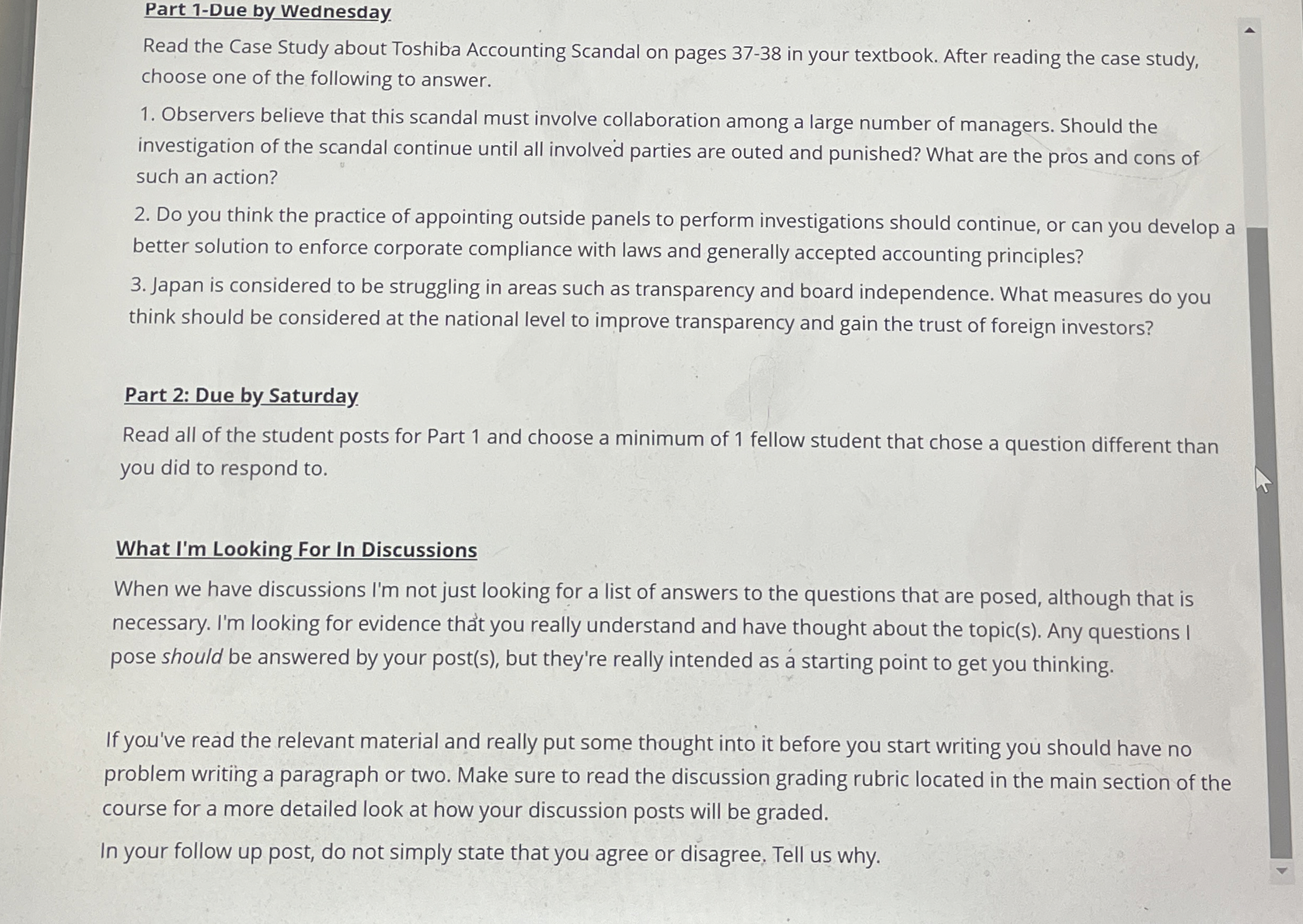  Part 1-Due by Wednesday Read the Case Study about Toshiba Accounting