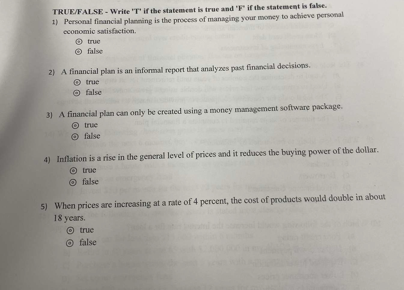  TRUE/FALSE - Write 'T' if the statement is true and 'F'