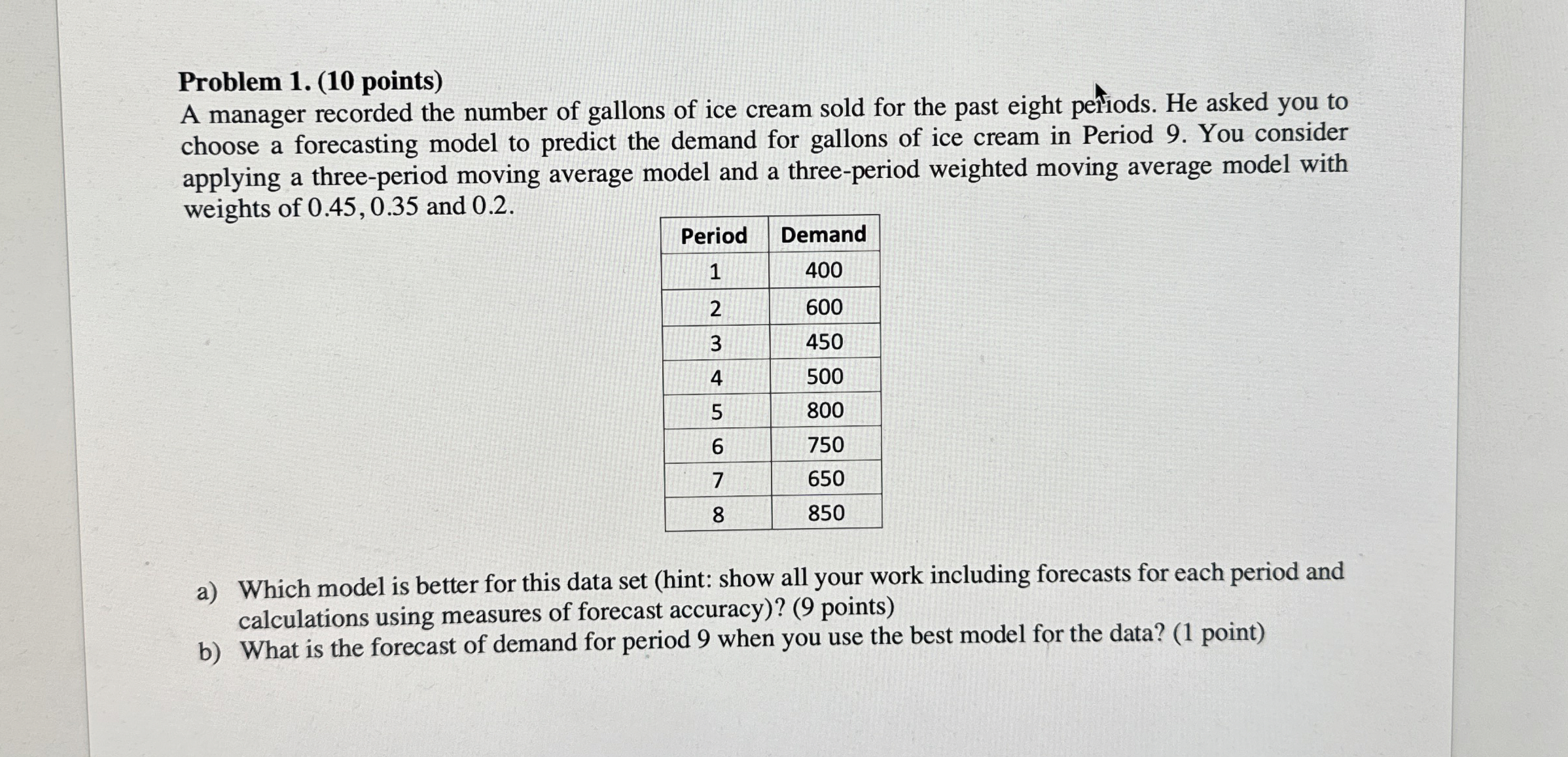  Problem 1.(10 points) A manager recorded the number of gallons of