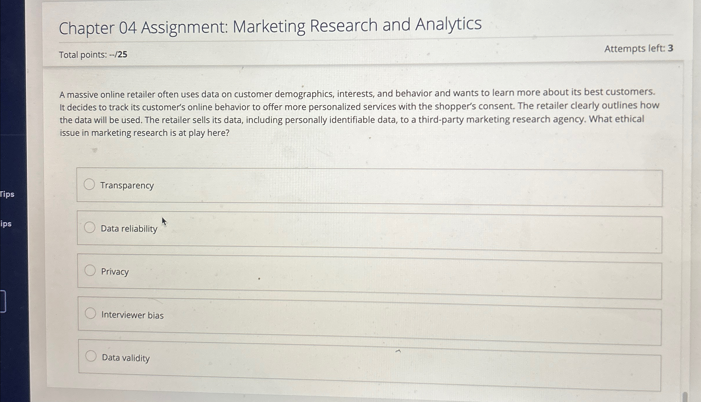  Chapter 04 Assignment: Marketing Research and Analytics Total points: --/25 Attempts
