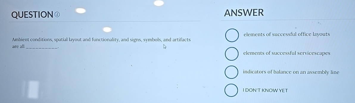  QUESTION 1 Ambient conditions, spatial layout and functionality, and signs, symbols,