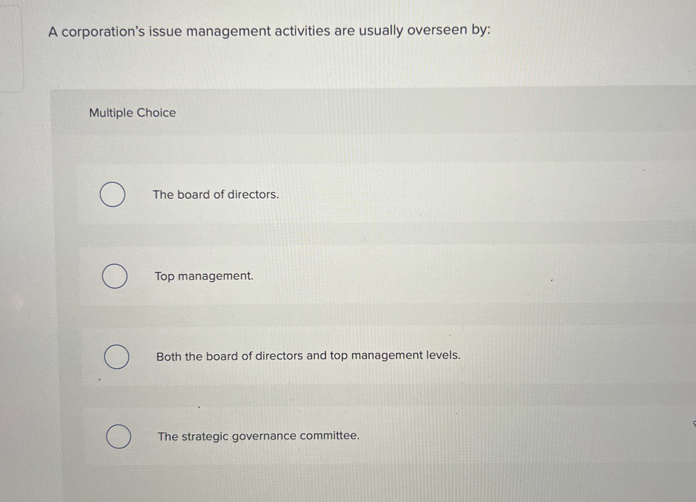  A corporation's issue management activities are usually overseen by: Multiple Choice