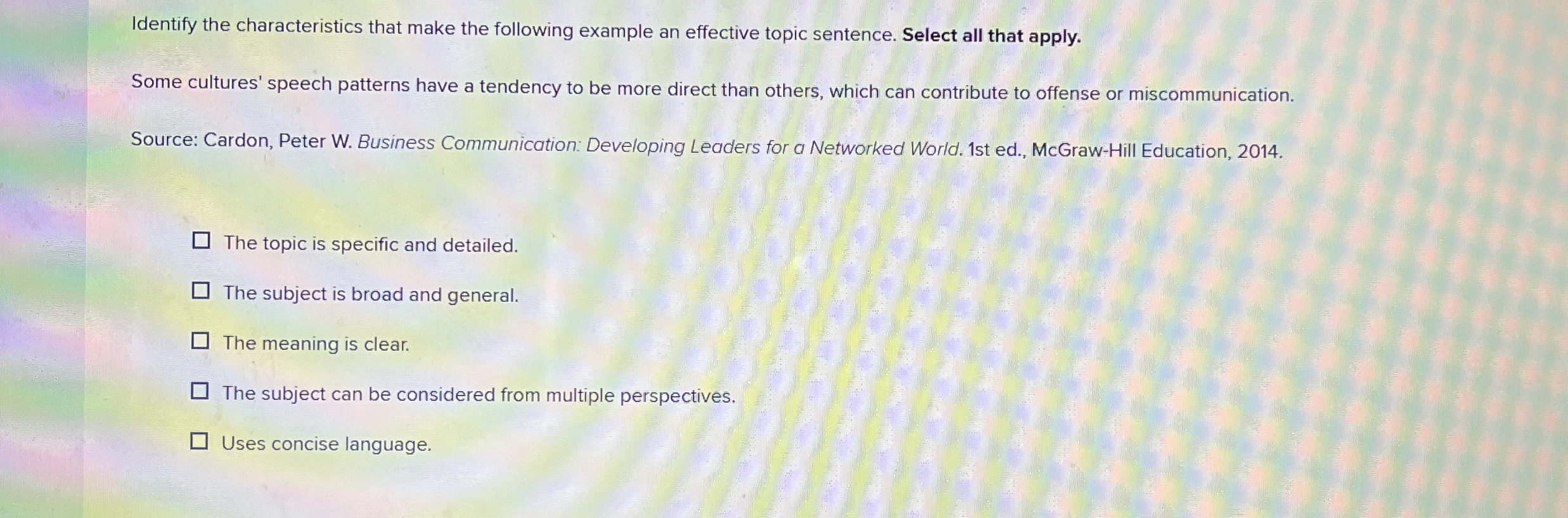  Identify the characteristics that make the following example an effective topic