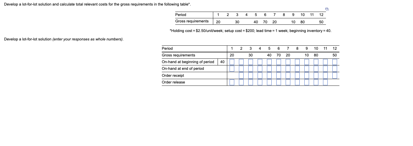  Develop a lot-for-lot solution and calculate total relevant costs for the