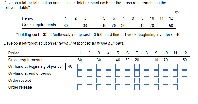  Develop a lot-for-lot solution and calculate total relevant costs for the