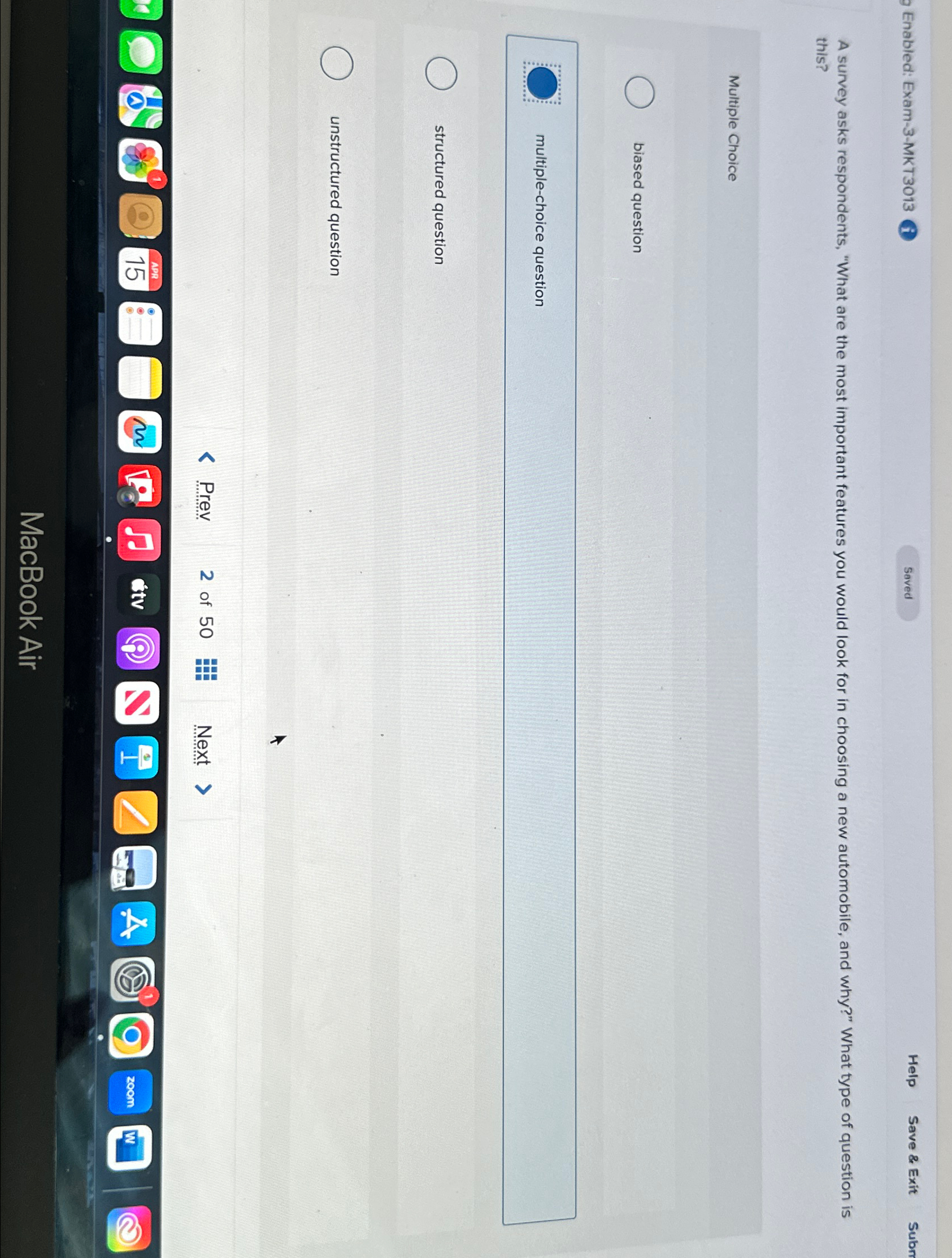  Enabled: Exam-3-MKT3013 Help Save & Exit Subn A survey asks respondents,