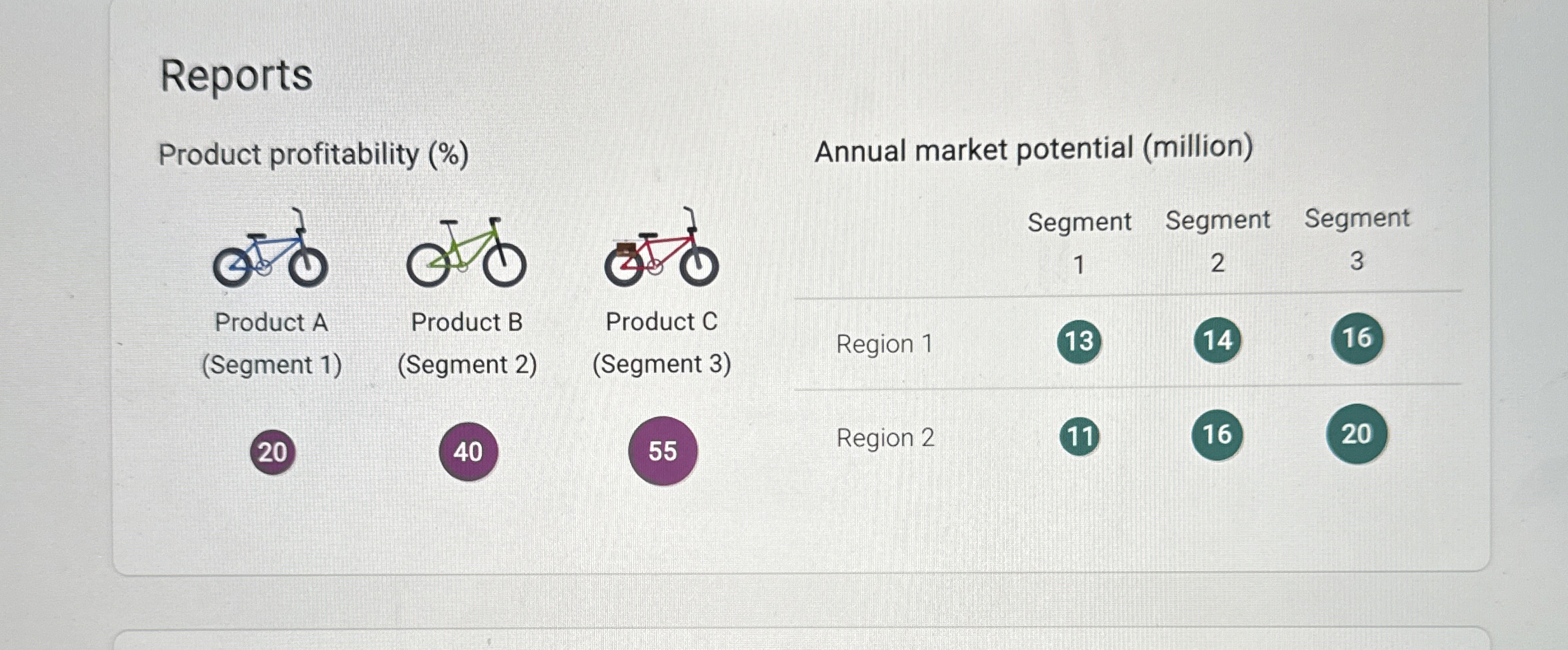  Reports Product profitability (%) Product A (Segment 1) 20 Product B