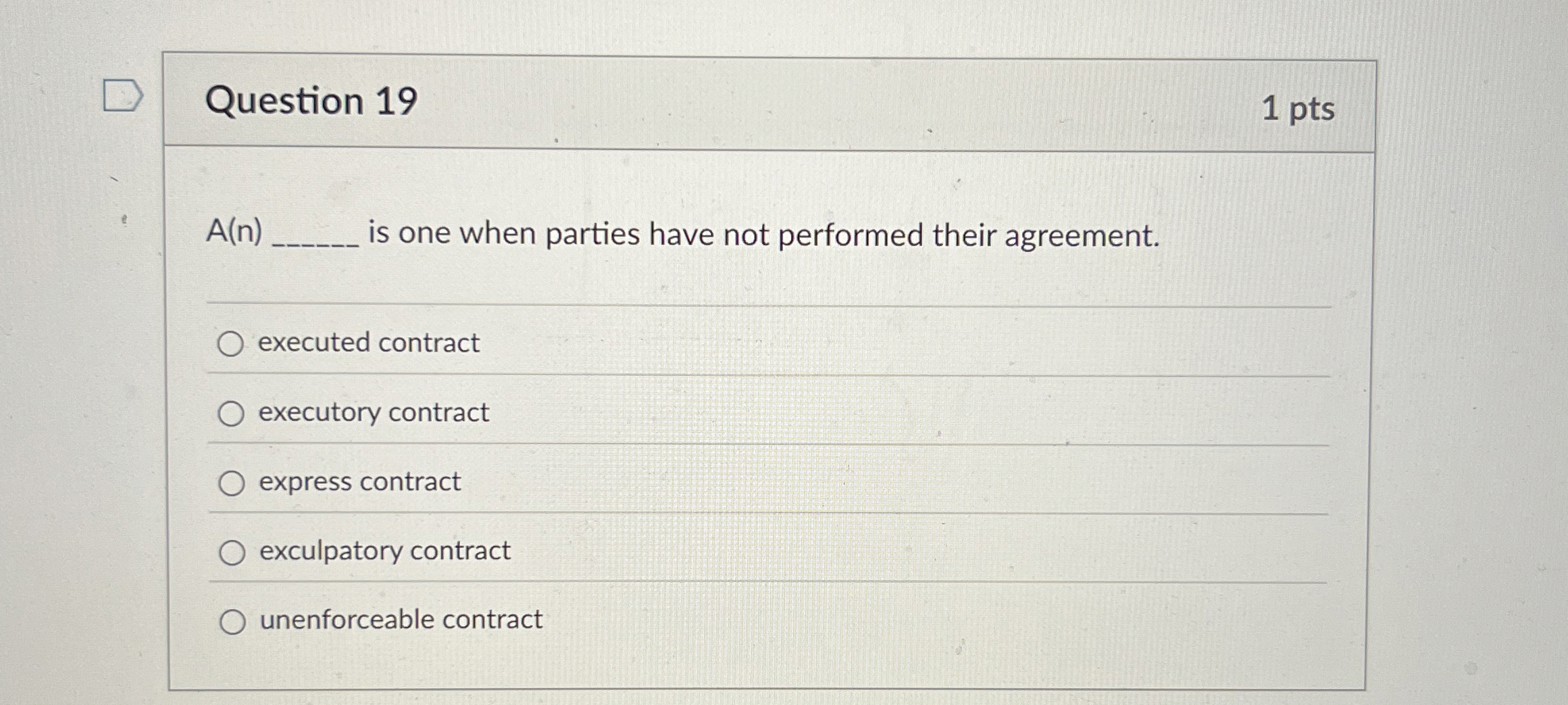 Question 19 A(n) is one when parties have not performed their