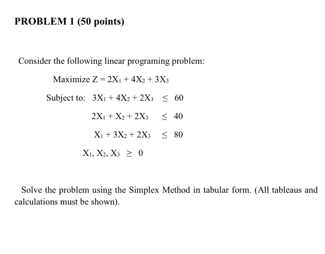  PROBLEM 1(50 points) Consider the following linear programing problem: Maximize Z=2x1+4x2+3x3