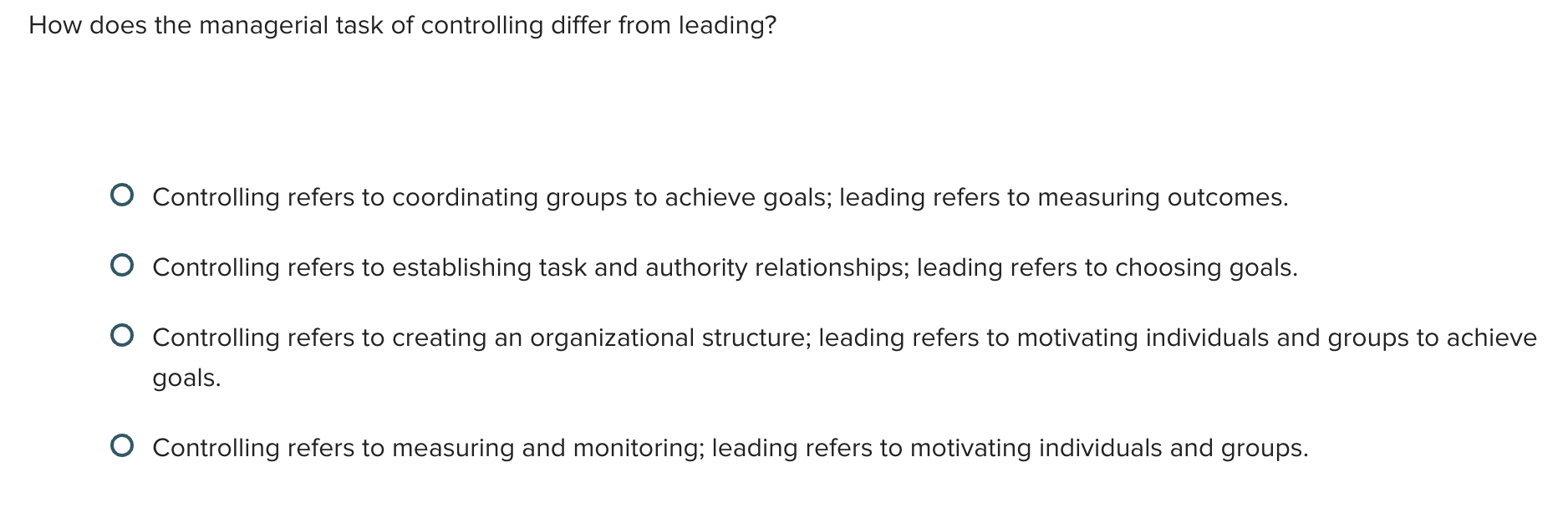  How does the managerial task of controlling differ from leading? Controlling