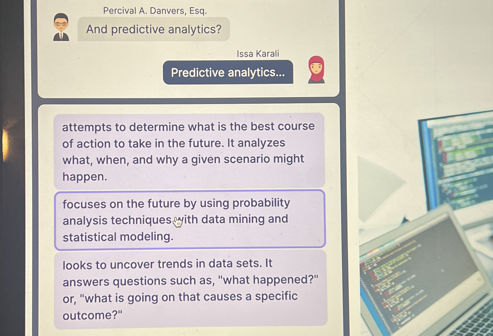  Percival A. Danvers, Esq. And predictive analytics? Issa Karali attempts to