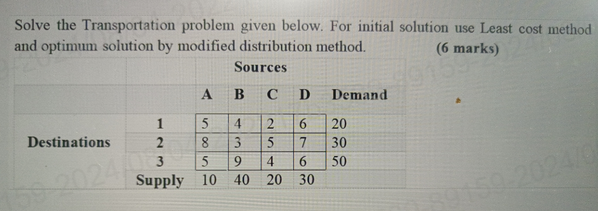  Solve the Transportation problem given below. For initial solution use Least