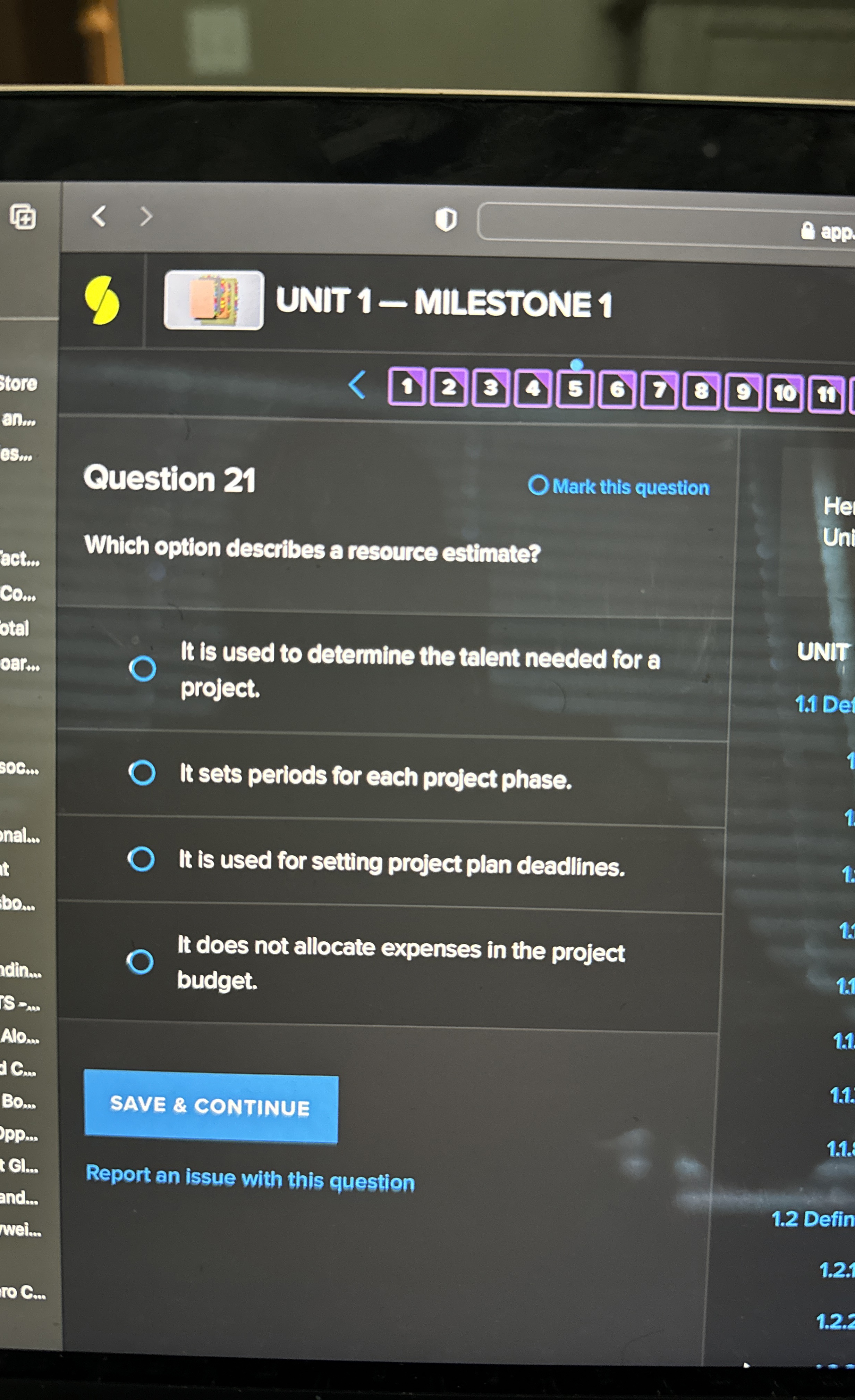  (4) UNIT 1-MLESTONE 1 Question 21 Mark this question Which option