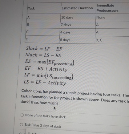  \table[[Task,Estimated Duration,Immediate],[Predecessors,,],[B,10 days,None],[C,7 days,A],[D,4 days,A]] Slack =LF-EF Slack =LS-ES ES=max{EFpreceding} EF=ES+