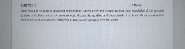  QUESTION 2 (15 Marks) Anna Phosa is no doubt a successful