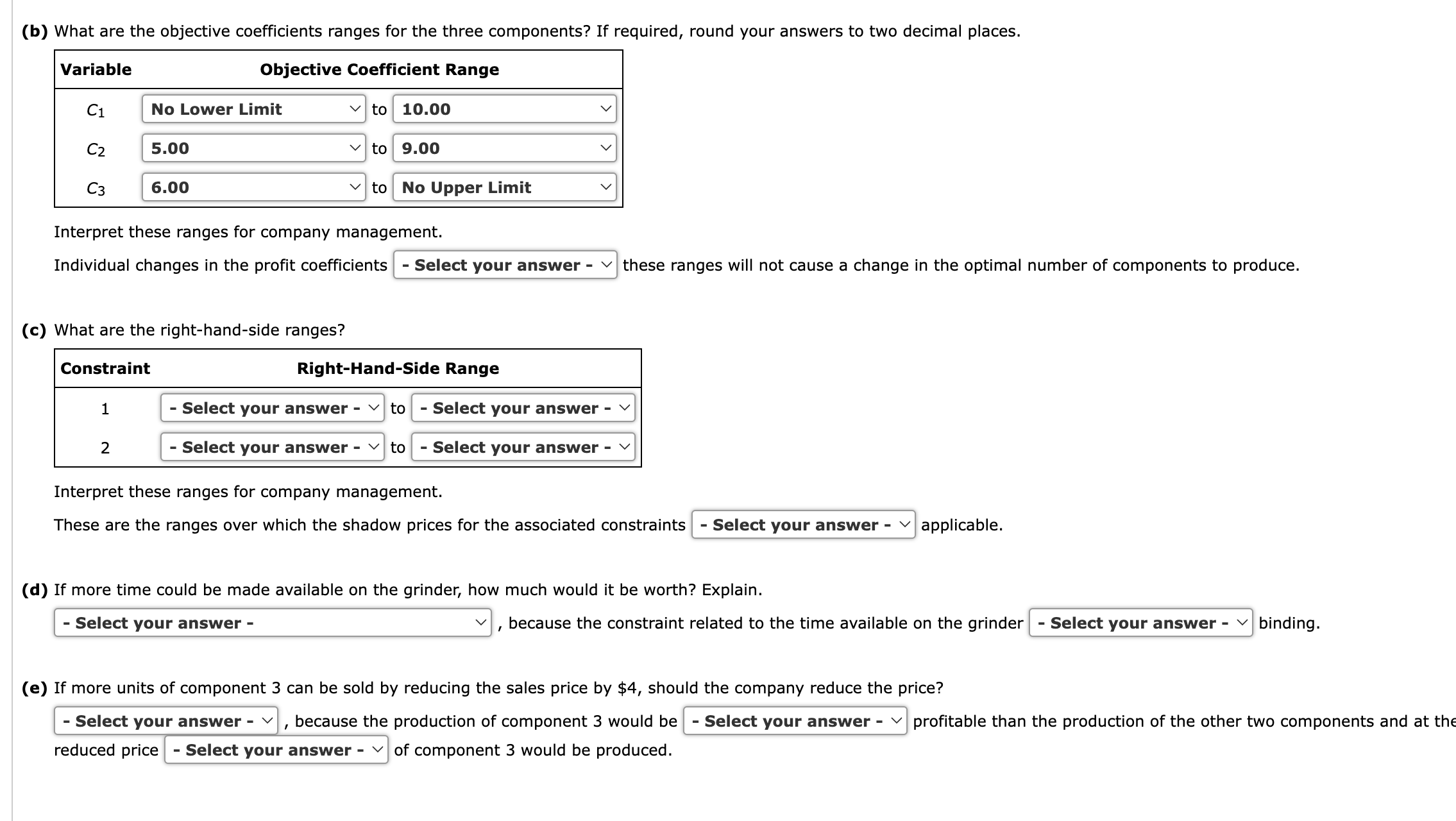  (b) What are the objective coefficients ranges for the three components?