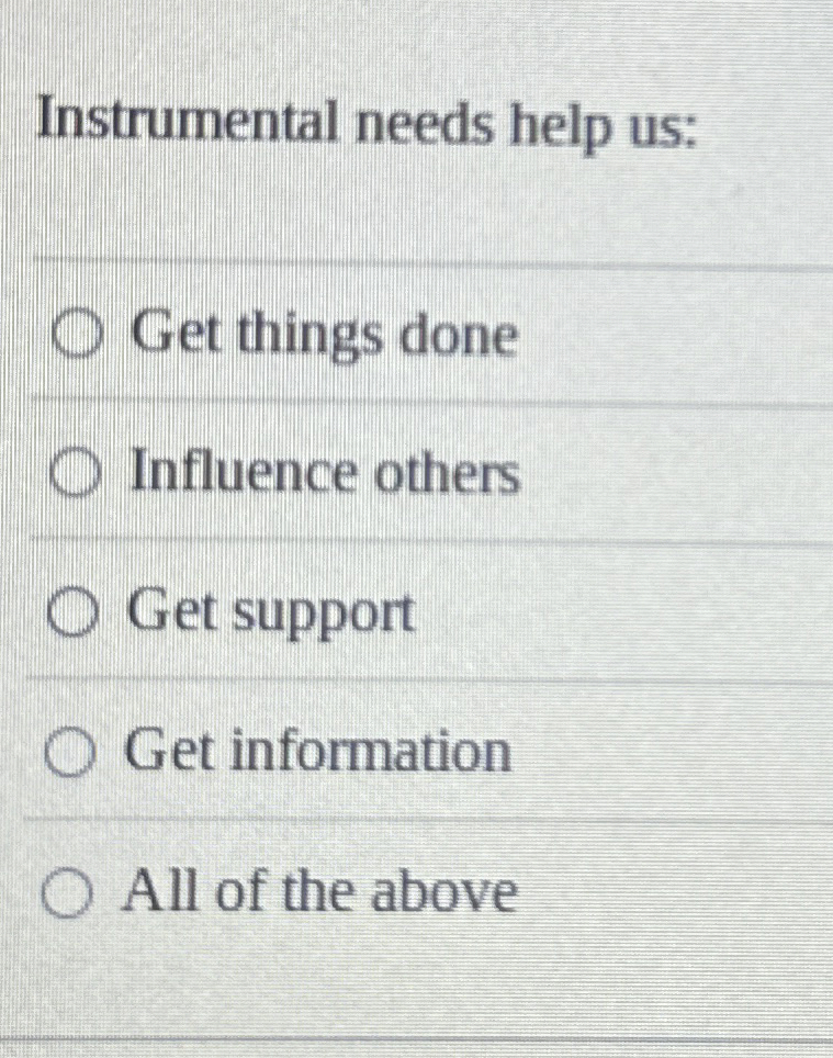  Instrumental needs help us: Get things done Influence others Get support