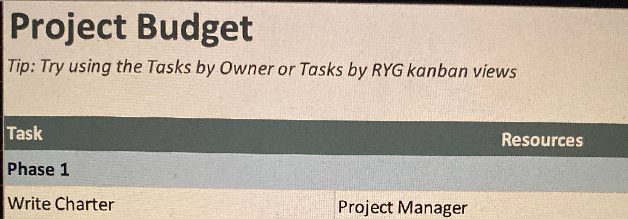  Project Budget Tip: Try using the Tasks by Owner or Tasks