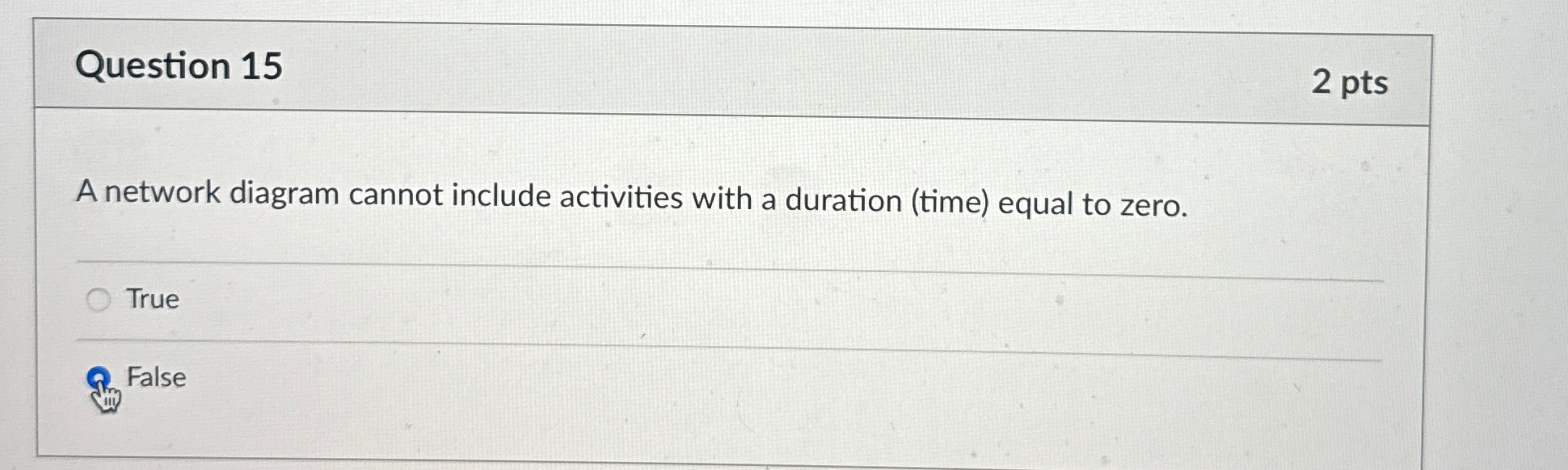  Question 15 2 pts A network diagram cannot include activities with