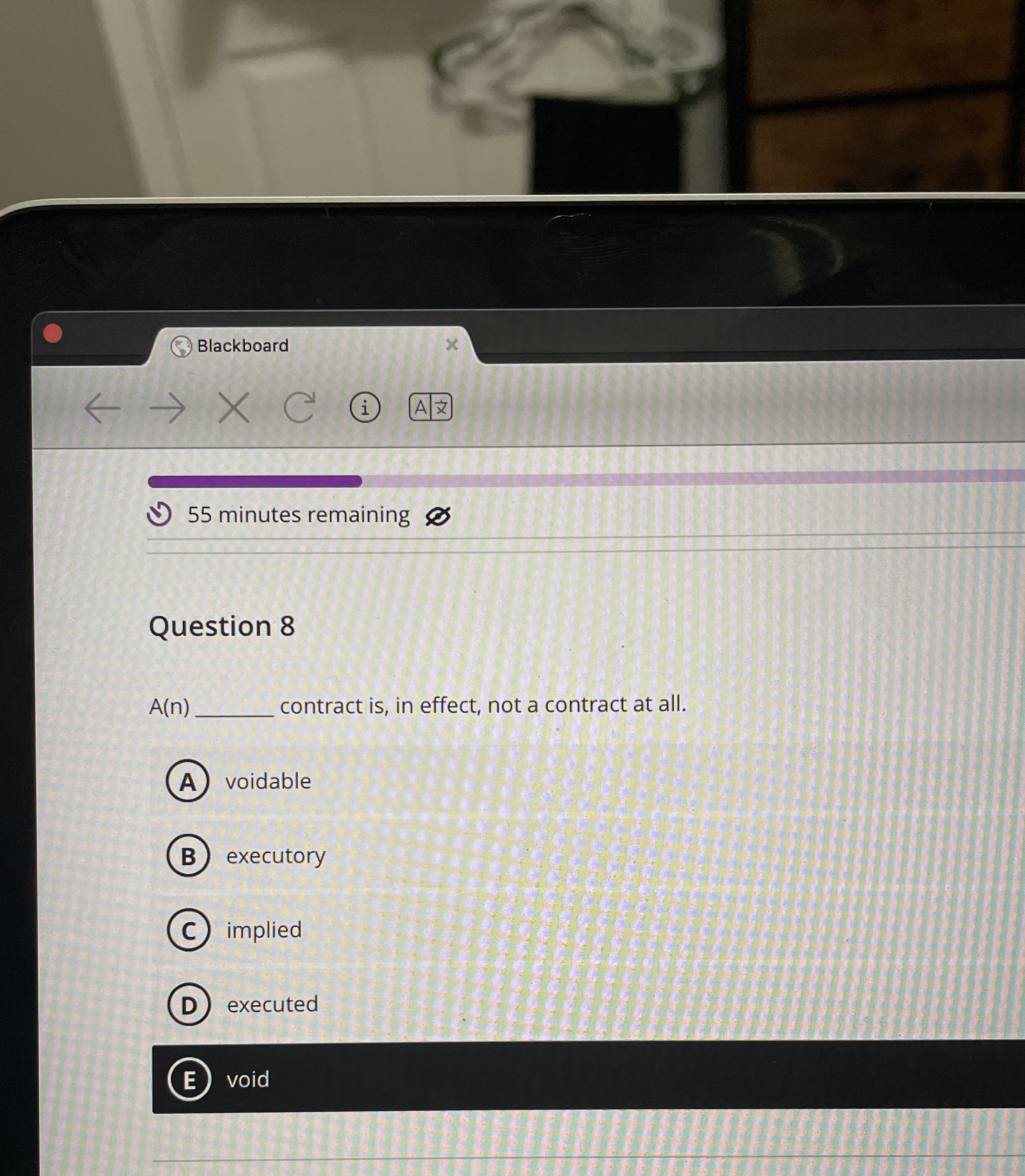  Blackboard (i) A| ()55 minutes remaining Question 8 A(n) contract is,