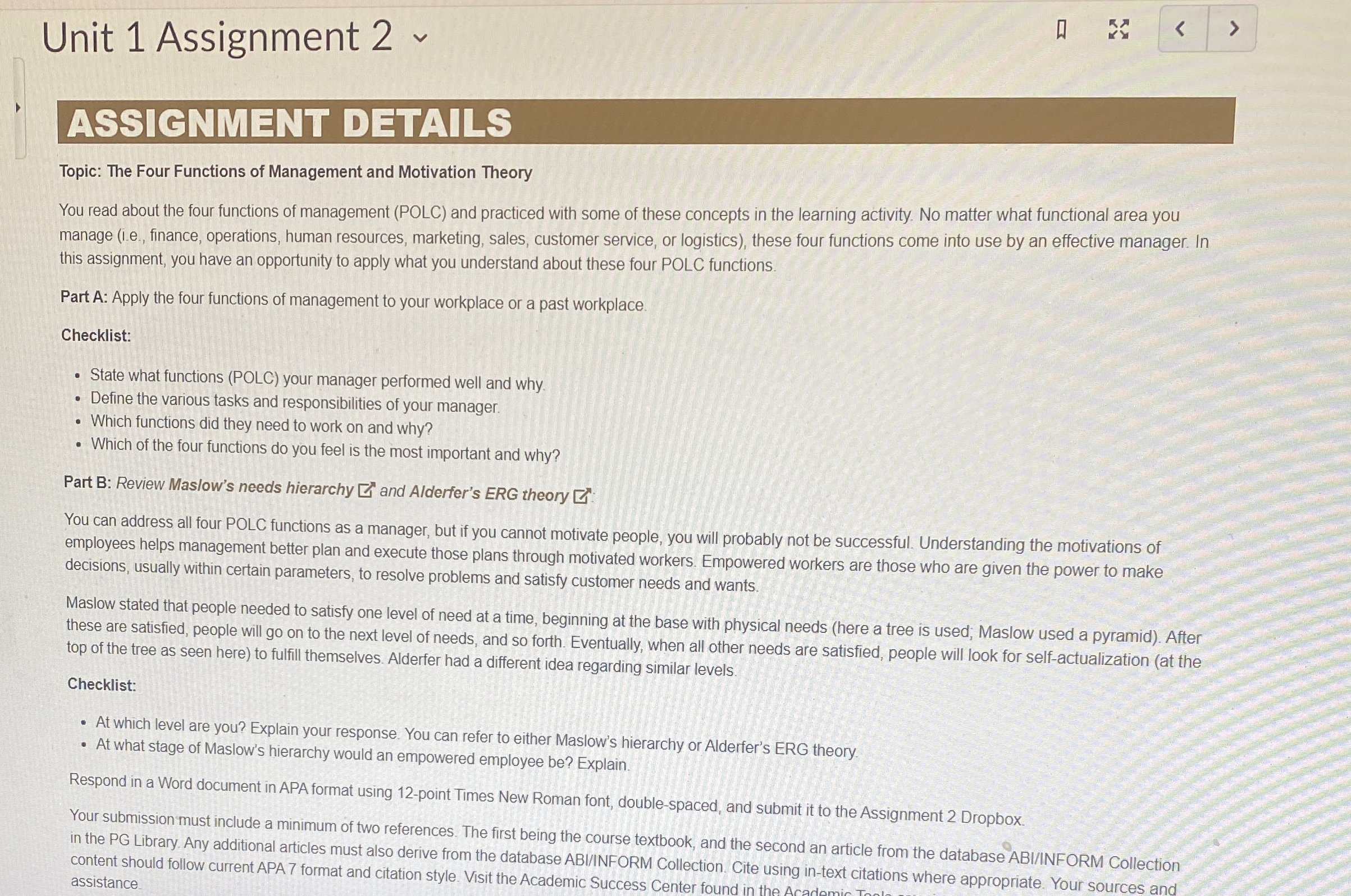  Unit 1 Assignment 2 ASSIGNMENT DETAILS Topic: The Four Functions of