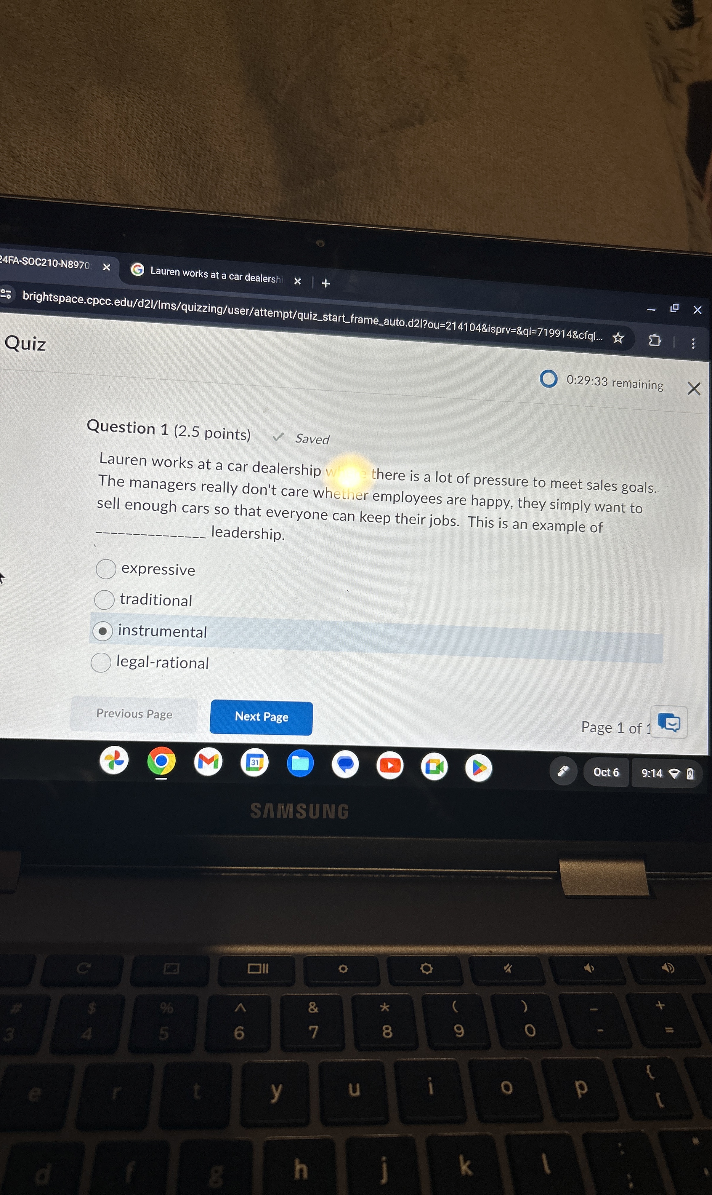  Question 1(2.5 points) Lauren works at a car dealership there is