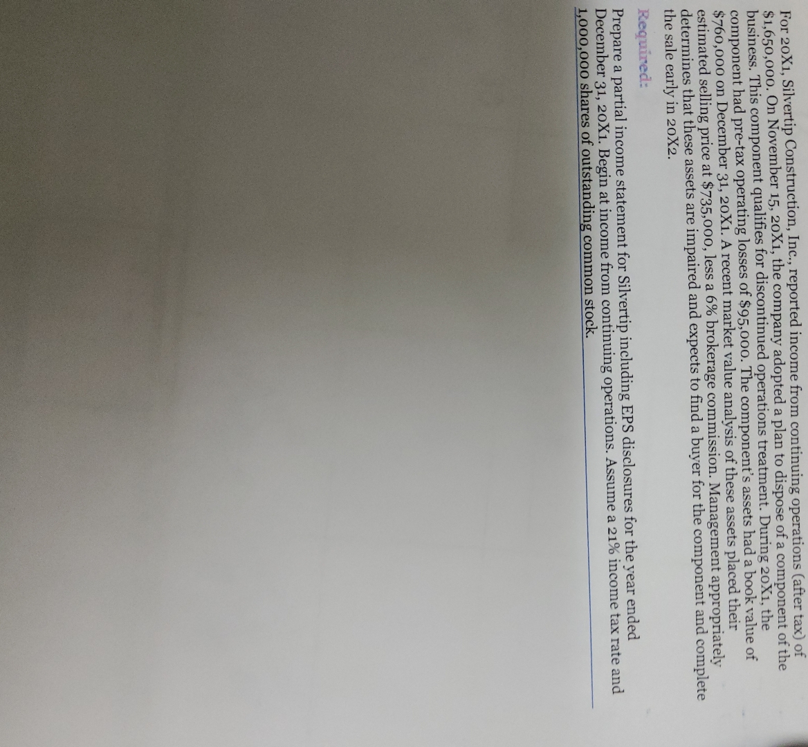  For 20X1, Silvertip Construction, Inc., reported income from continuing operations (after