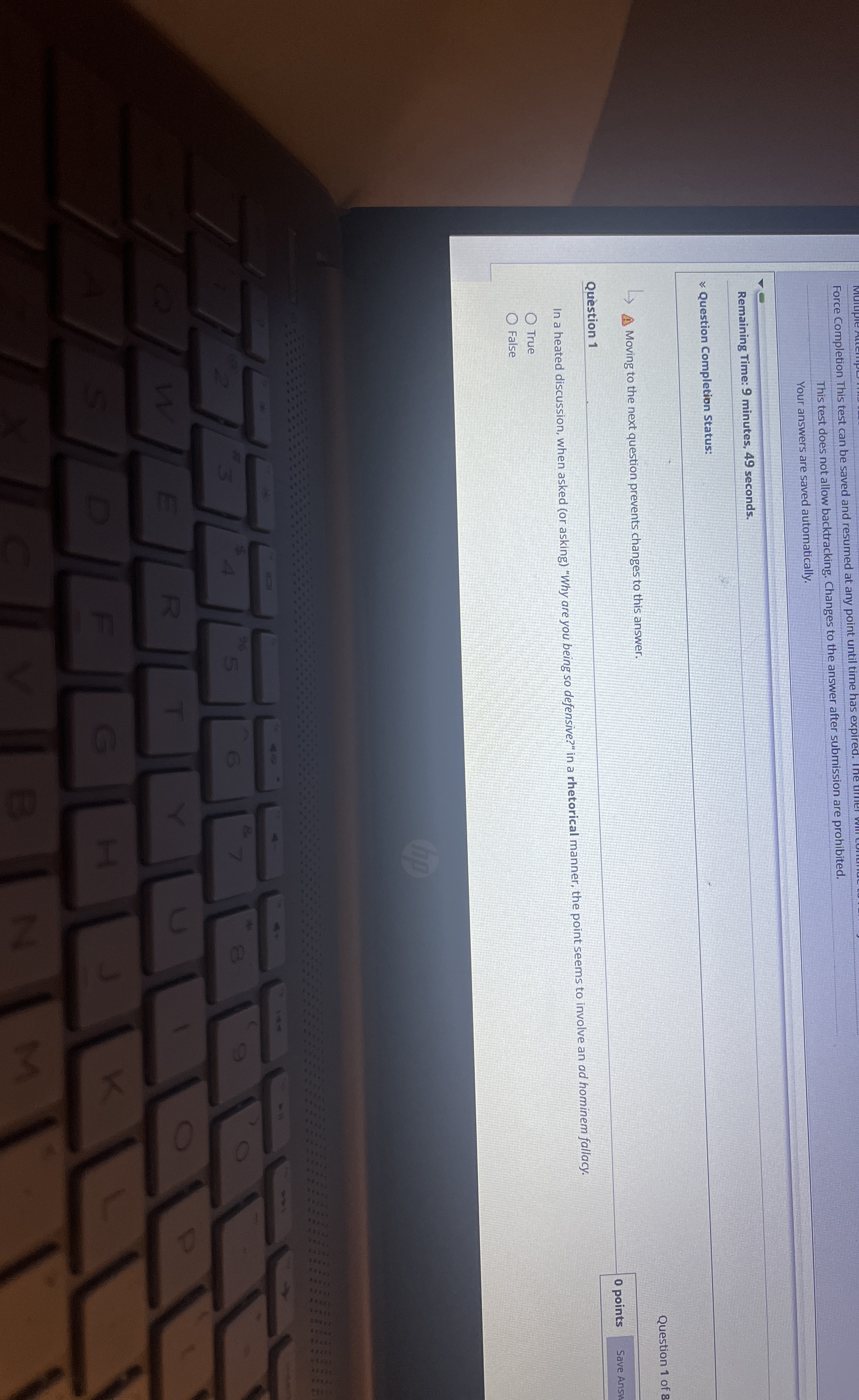  Force Completion This test can be saved and resumed at any