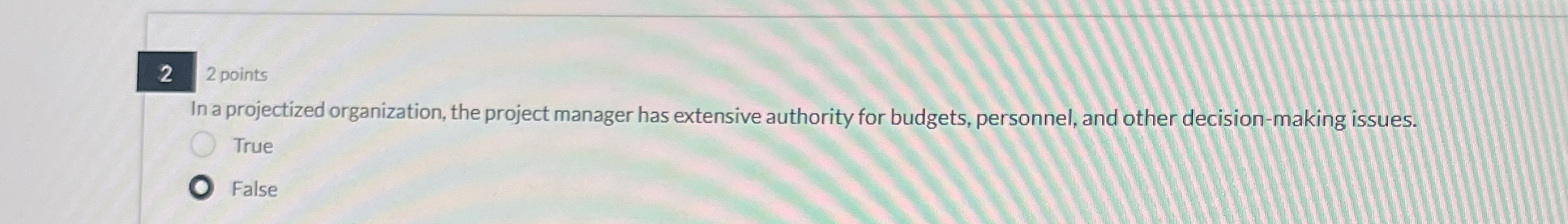  2 2 points In a projectized organization, the project manager has