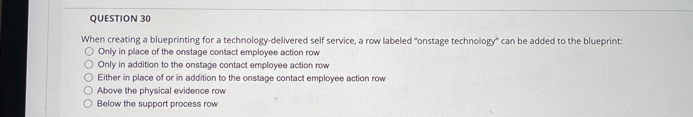  QUESTION 30 When creating a blueprinting for a technology-delivered self service,