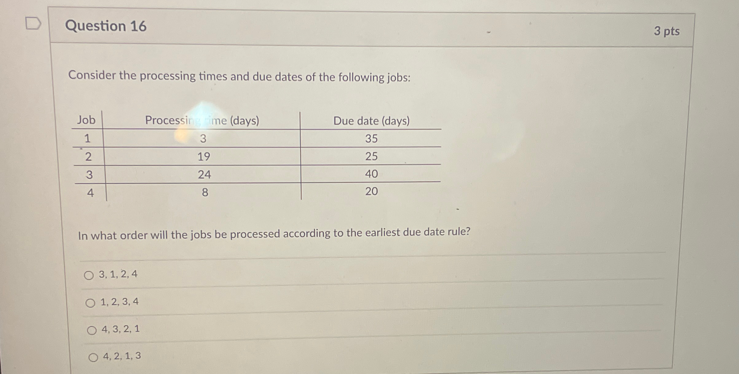  Question 16 3 pts Consider the processing times and due dates