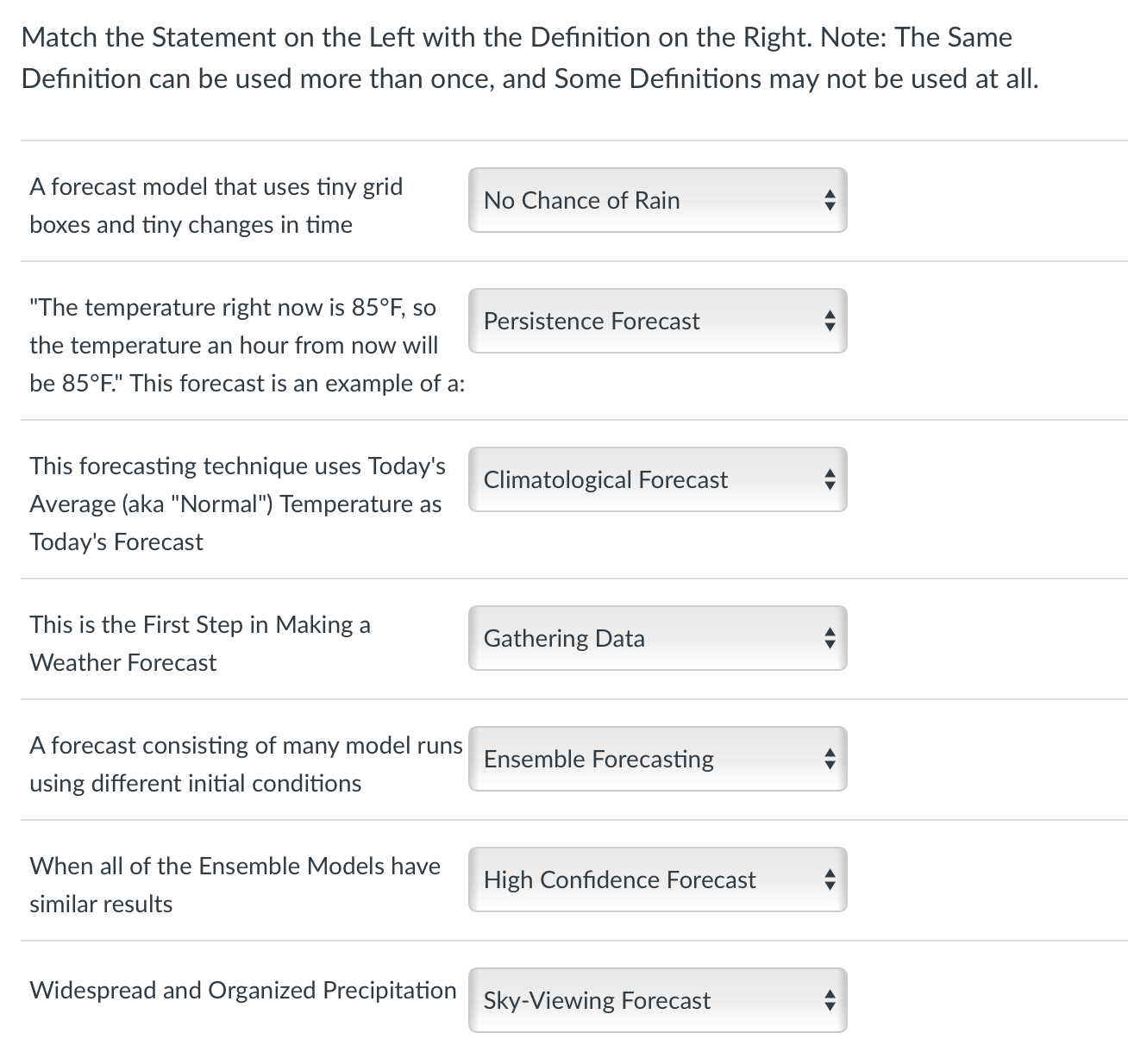  Match the Statement on the Left with the Definition on the
