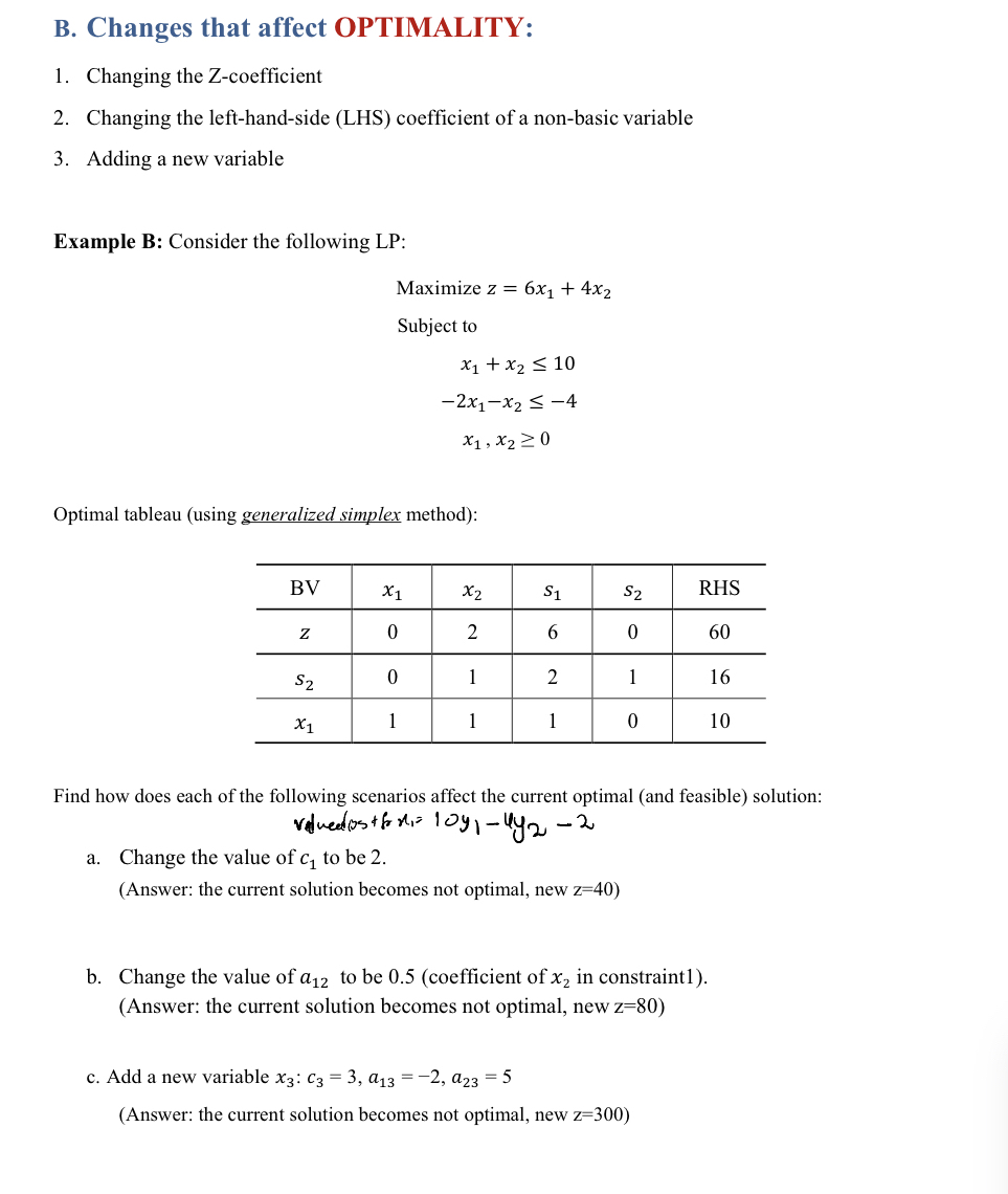  B. Changes that affect OPTIMALITY: Changing the Z -coefficient Changing the