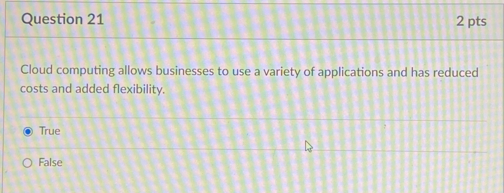  Question 21 2 pts oud computing allows businesses to use a