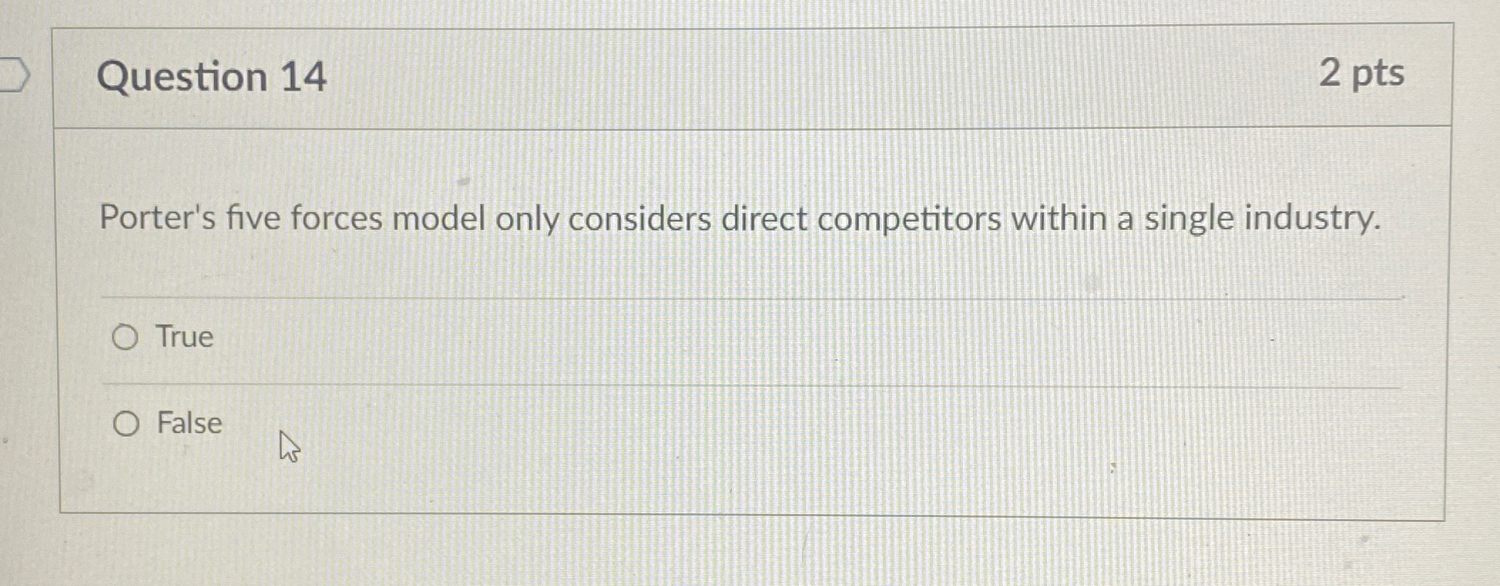  Question 14 2 pts Porter's five forces model only considers direct
