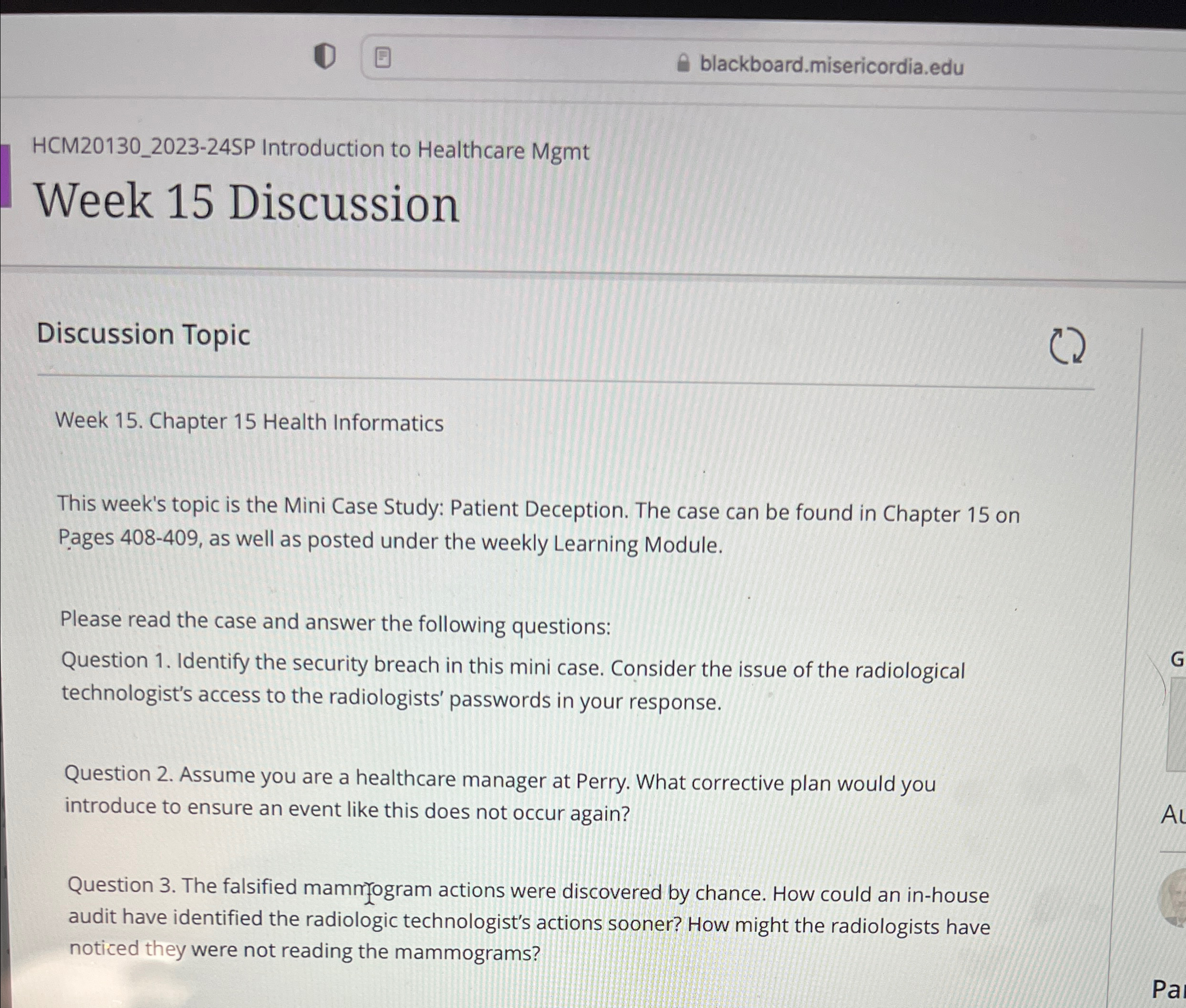  HCM20130_2023-24SP Introduction to Healthcare Mgmt Week 15 Discussion Discussion Topic Week