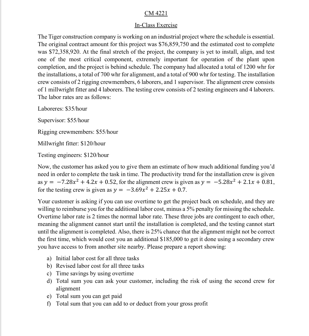  CM 4221 In-Class Exercise The Tiger construction company is working on