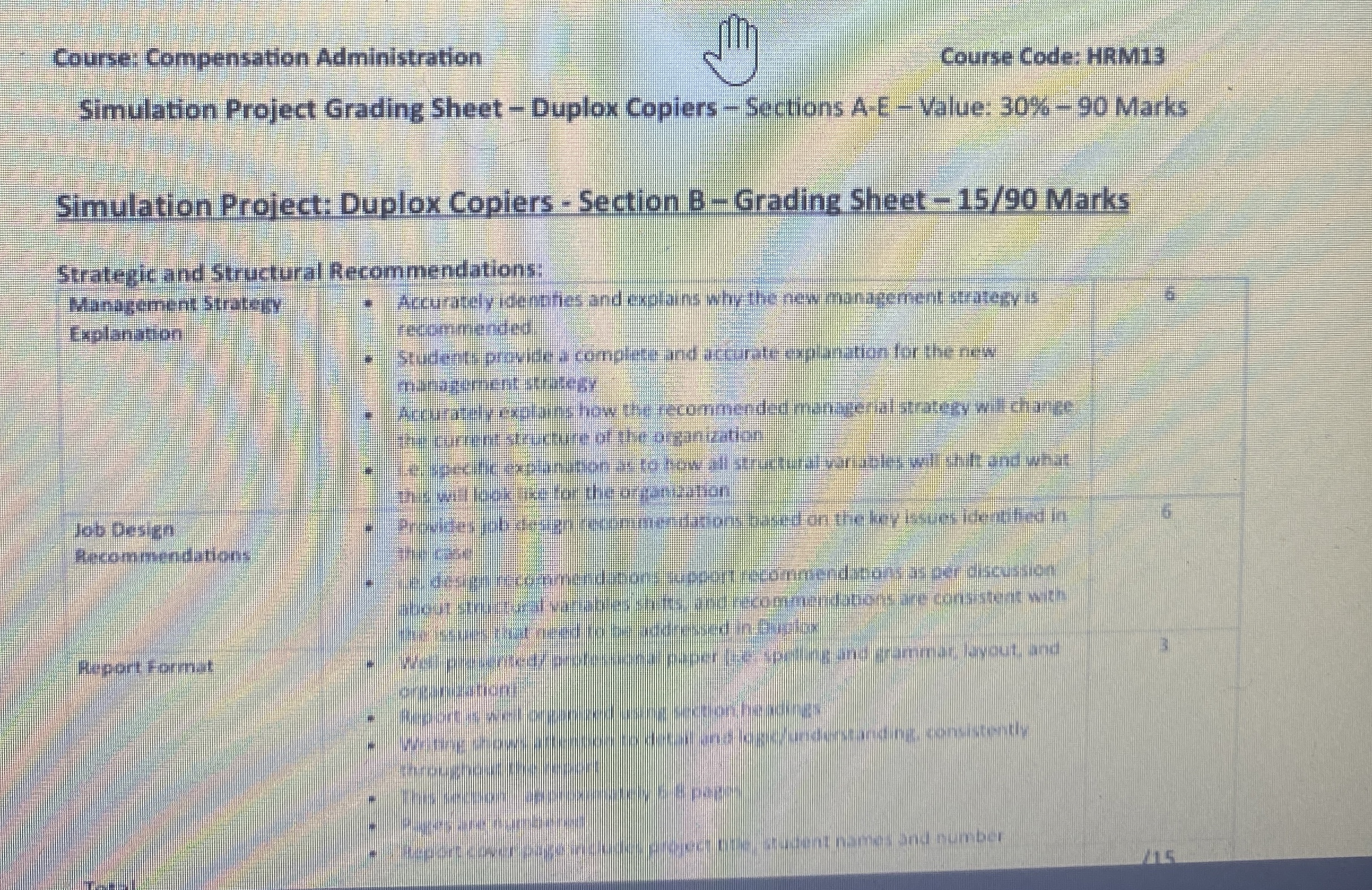  Course: Compensation Administration prod2 Course Code: HRM13 Simulation Project Grading Sheet-Duplox