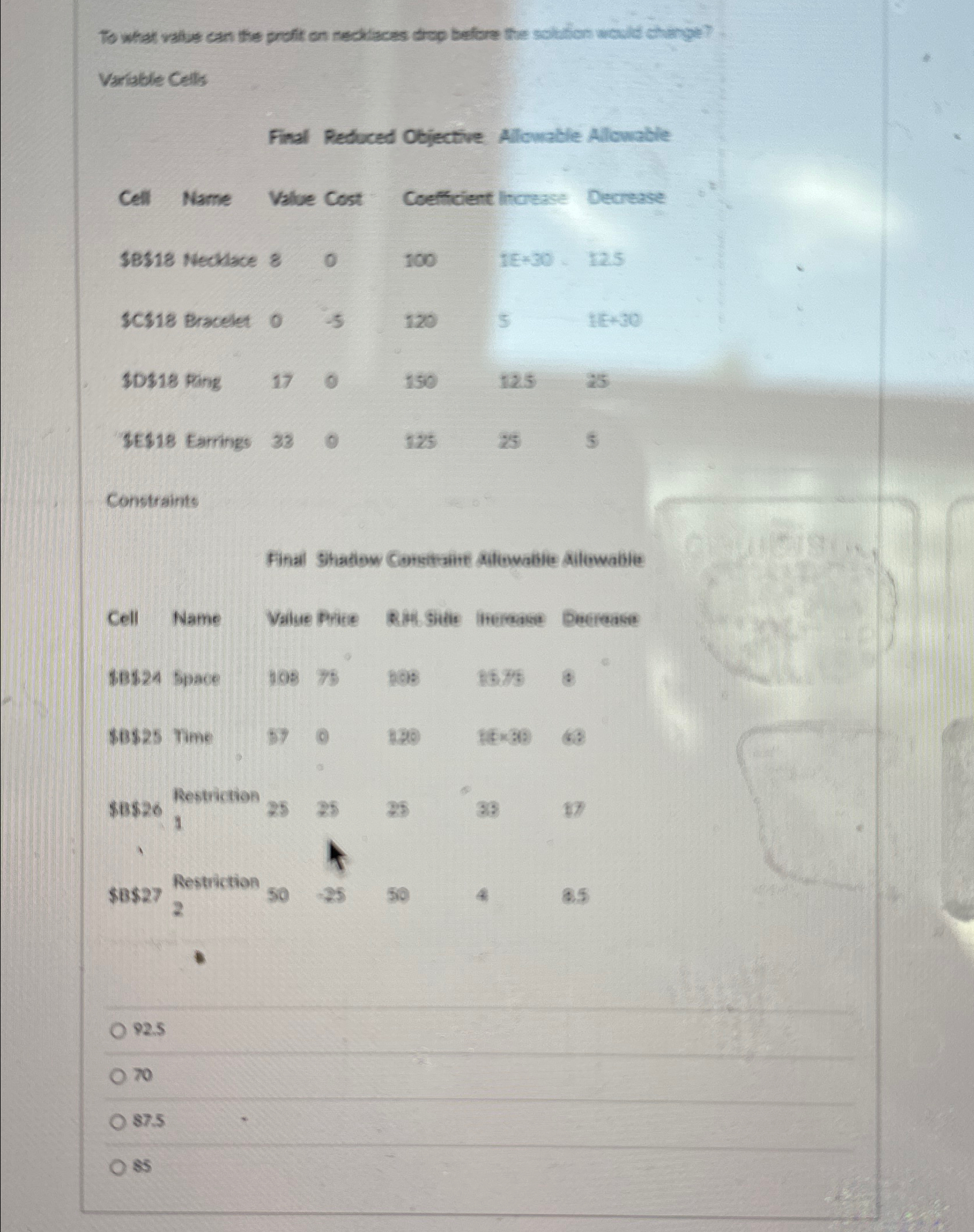  Variable Cells Final Reduced Objective Allomalie Allowable Cell Name Value Cost