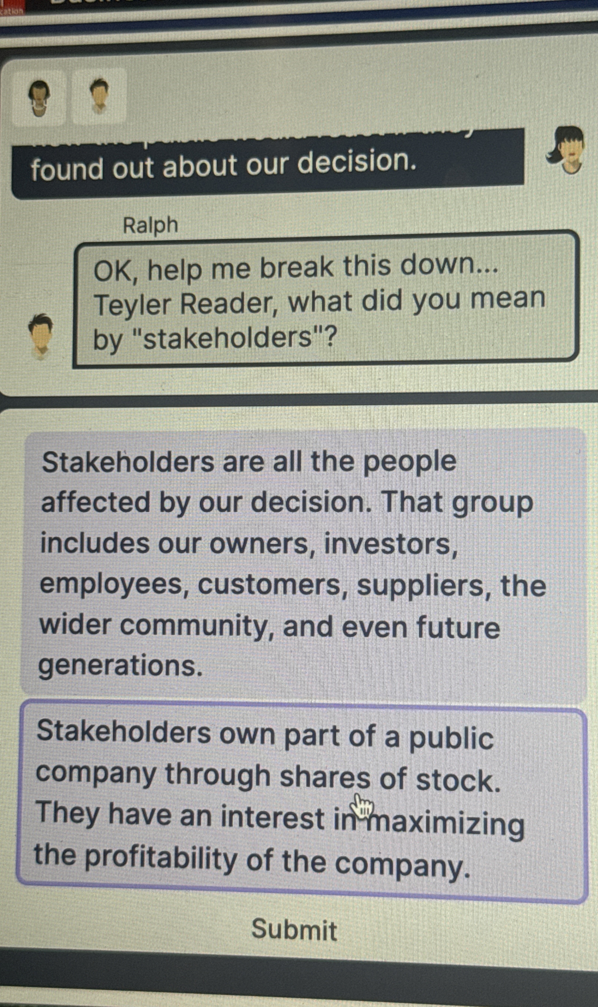  found out about our decision. Ralph OK, help me break this