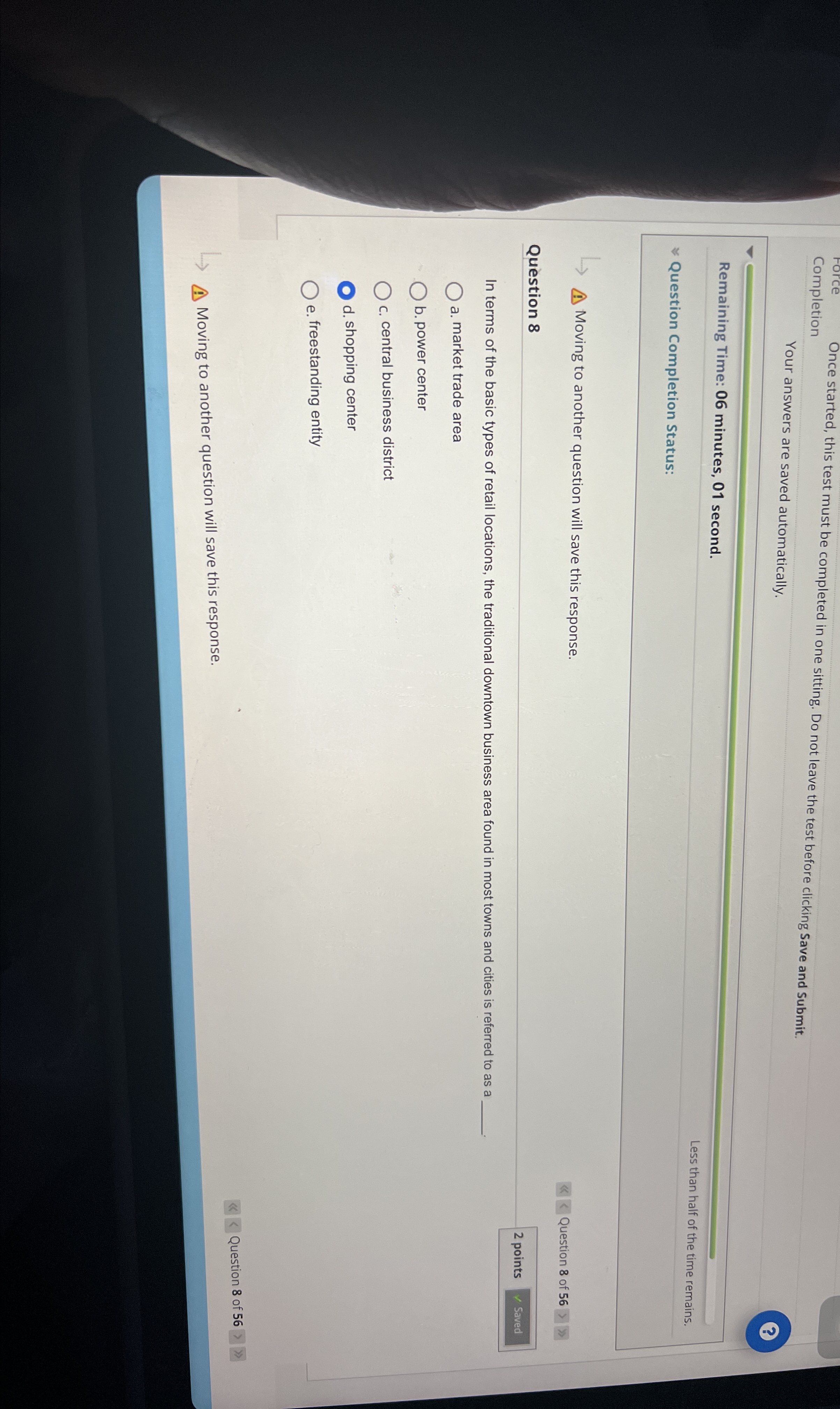  Once started, this test must be completed in one sitting. Do