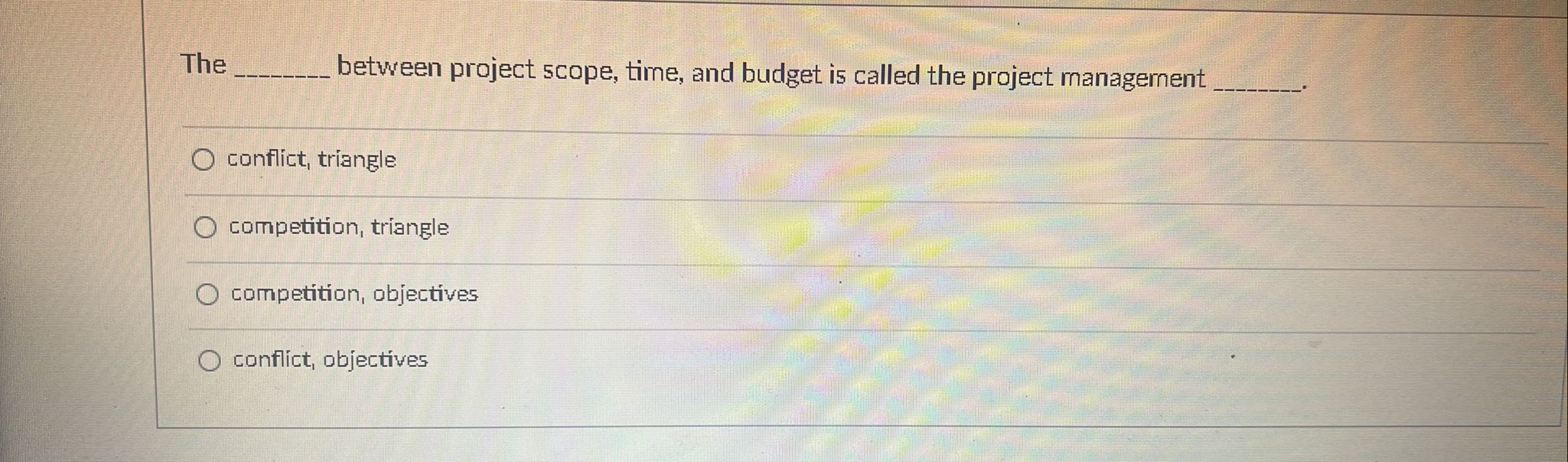  The .......between project scope, time, and budget is called the project
