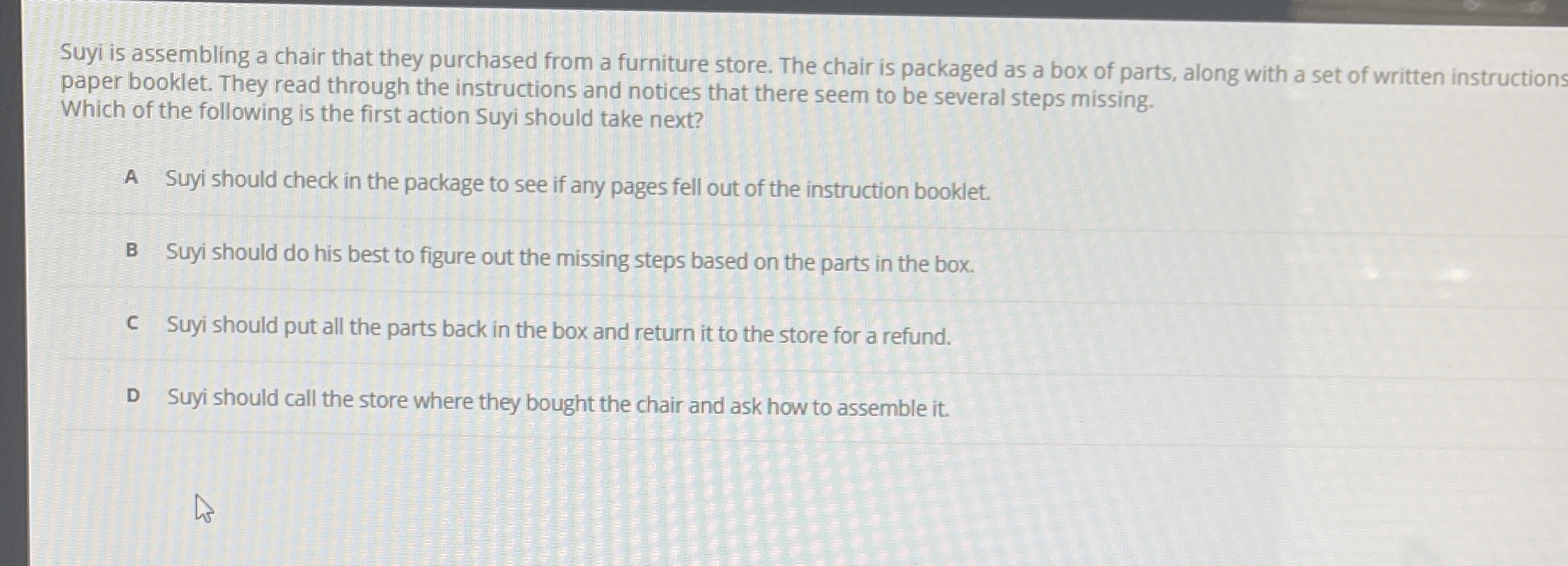  Suyi is assembling a chair that they purchased from a furniture