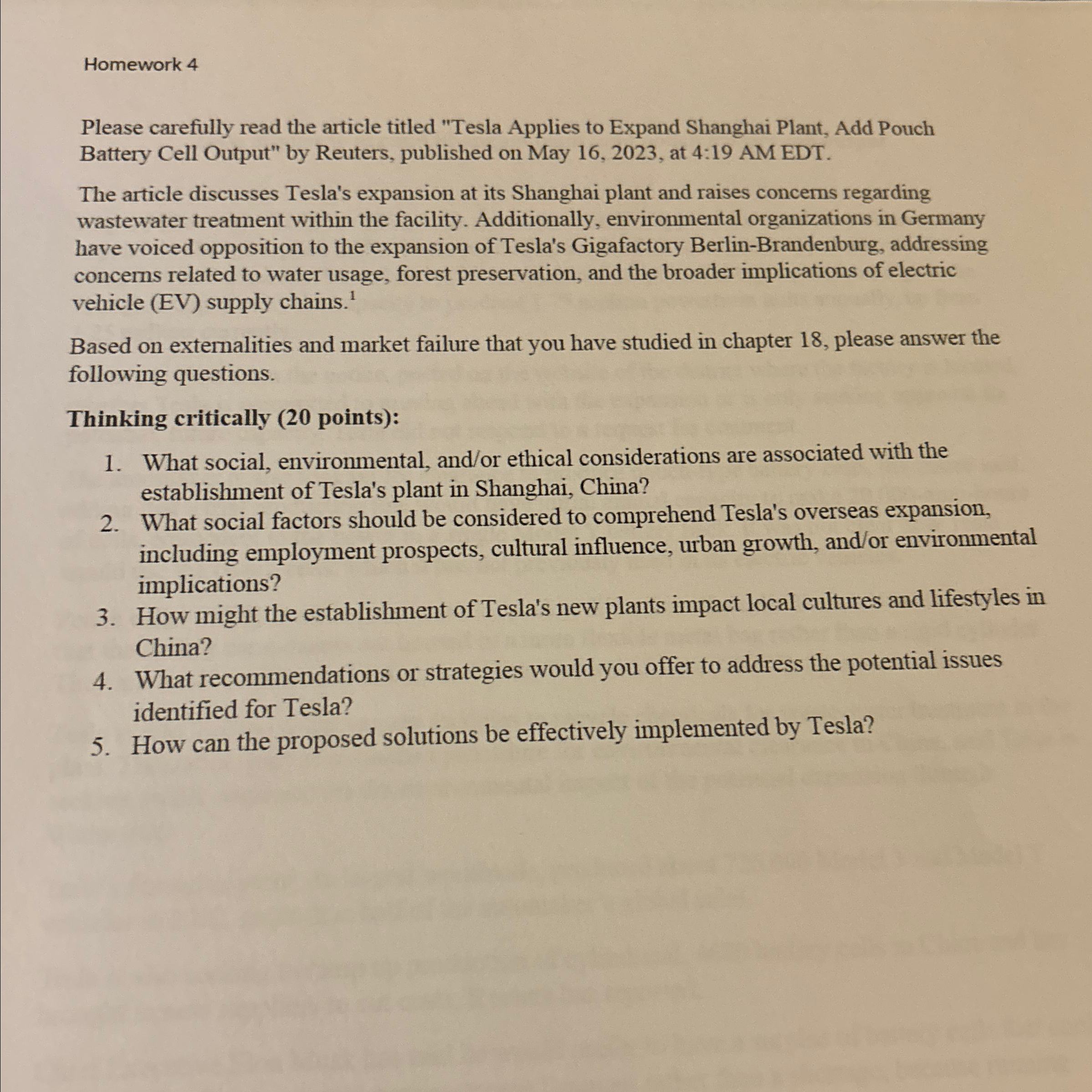  Homework 4 Please carefully read the article titled "Tesla Applies to