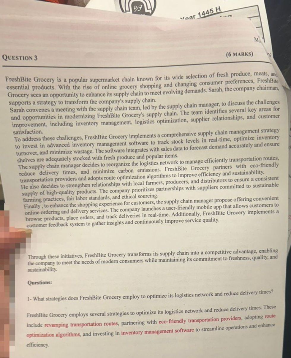  Question 3 (6 MARKS) FreshBite Grocery is a popular supermarket chain
