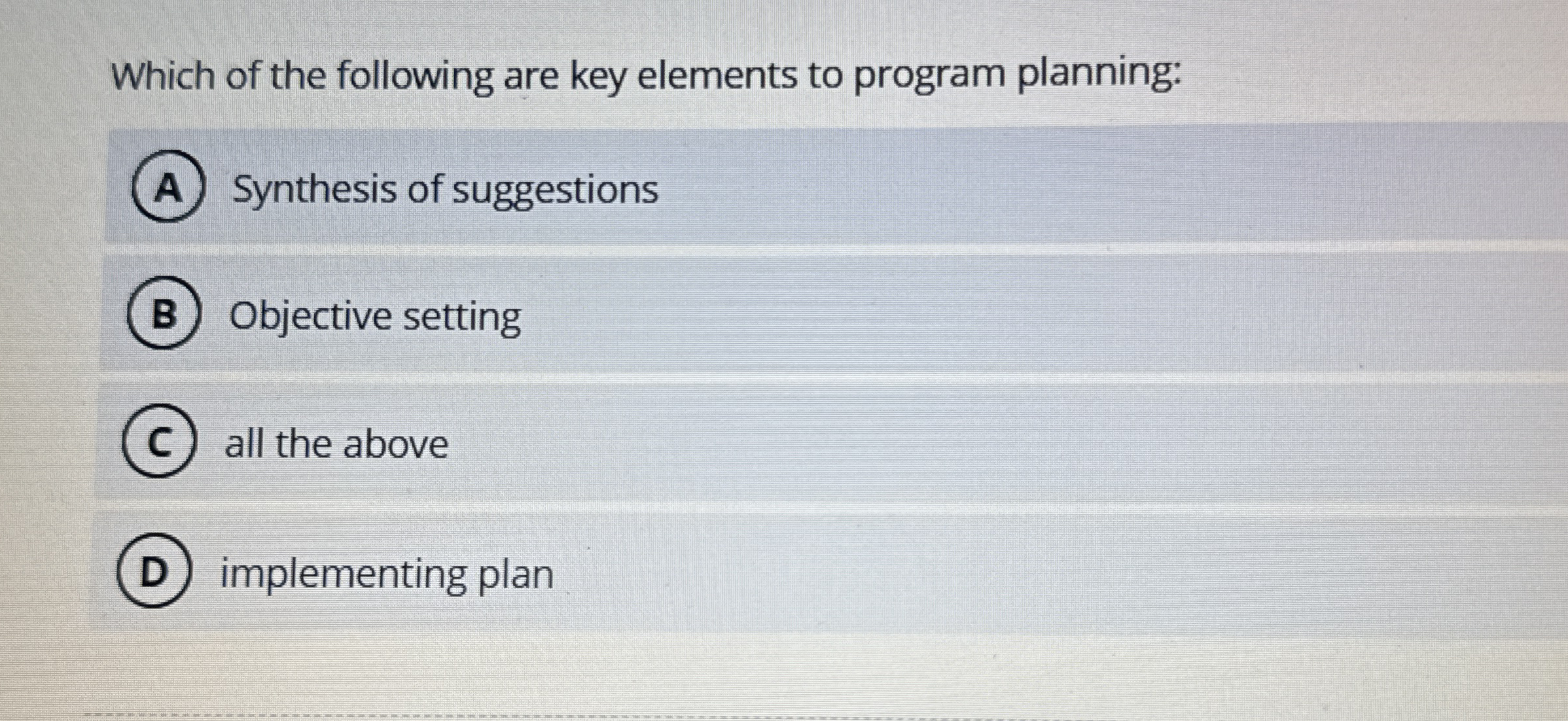  Which of the following are key elements to program planning: Synthesis