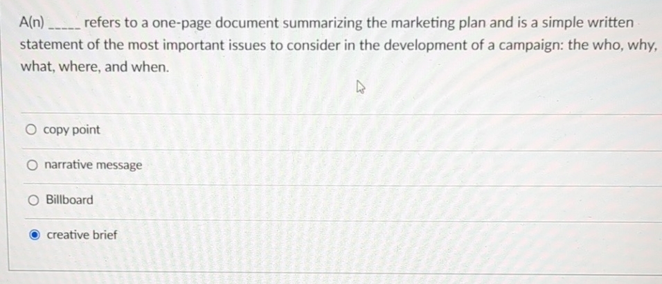  A(n) refers to a one-page document summarizing the marketing plan and